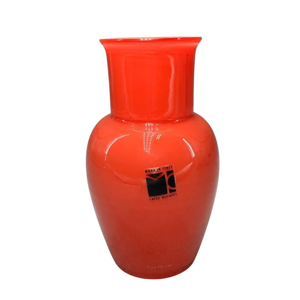 Carlo Moretti Murano Italy Orange Red Cased Glass Bud Vase MCM Signed 5